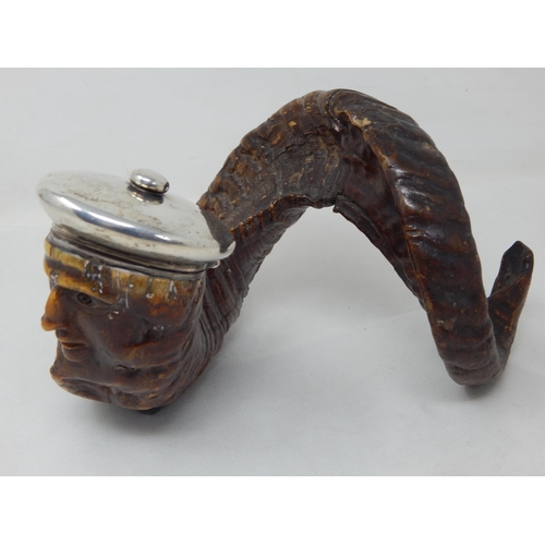 747 - 19th Century Scottish Silver Mounted Rams Horn Table Snuff Mull, The Front Carved as a Mans Face & t... 