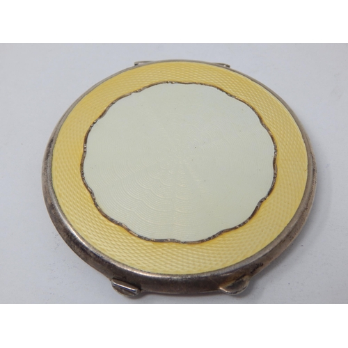 753 - Art Deco Silver & Yellow Guilloche Enamel Compact with Good Inner Mirror: Hallmarked Birmingham 1941... 