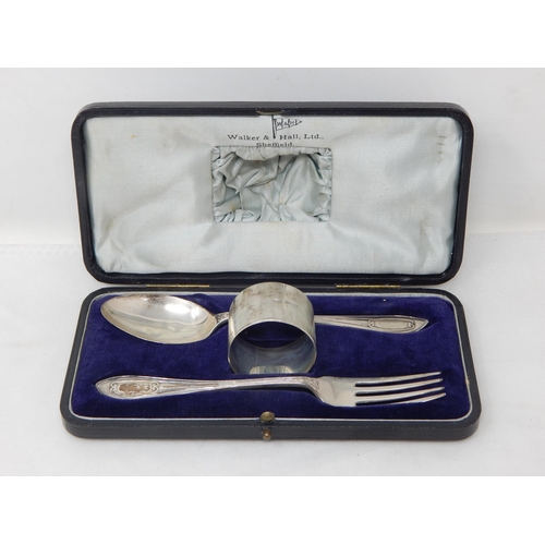 757 - Silver Christening Set (Not Personalised) Comprising Fork, Spoon & Napkin Ring: Hallmarked Sheffield... 