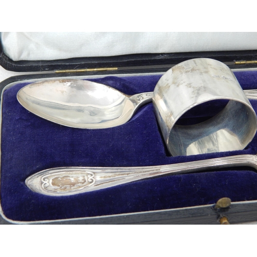 757 - Silver Christening Set (Not Personalised) Comprising Fork, Spoon & Napkin Ring: Hallmarked Sheffield... 