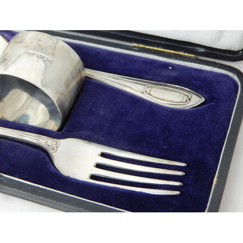 757 - Silver Christening Set (Not Personalised) Comprising Fork, Spoon & Napkin Ring: Hallmarked Sheffield... 