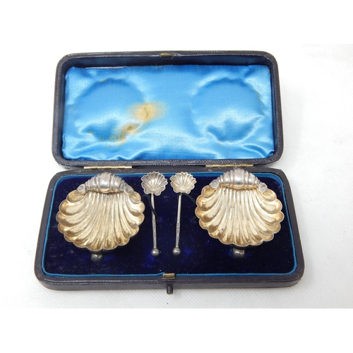 758 - A Pair of Victorian Silver Scallop Shell Salts & Spoons Hallmarked Birmingham 1892 by Matthew John J... 