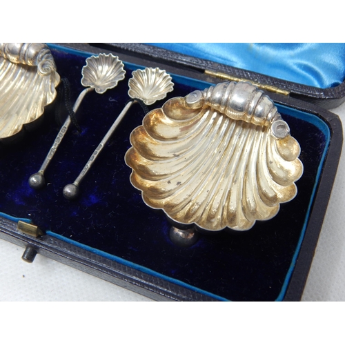 758 - A Pair of Victorian Silver Scallop Shell Salts & Spoons Hallmarked Birmingham 1892 by Matthew John J... 