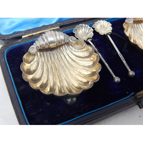 758 - A Pair of Victorian Silver Scallop Shell Salts & Spoons Hallmarked Birmingham 1892 by Matthew John J... 