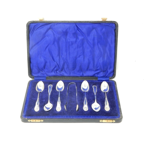 765 - Set of 6 Silver Coffee Spoons & Tongs: Hallmarked Birmingham 1939 by William Aitken in Original Fitt... 