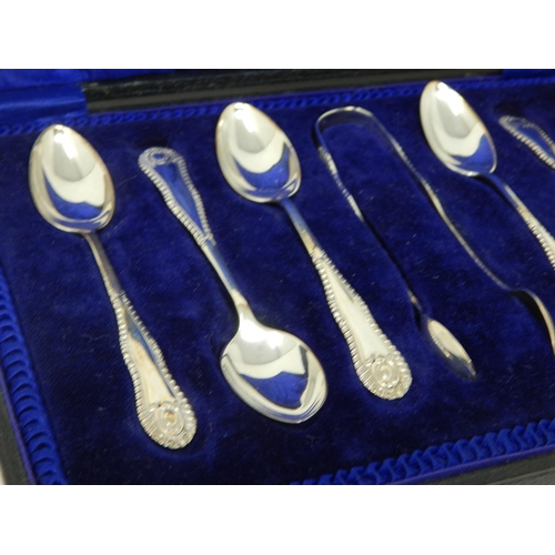 765 - Set of 6 Silver Coffee Spoons & Tongs: Hallmarked Birmingham 1939 by William Aitken in Original Fitt... 