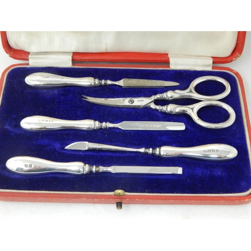 772 - Silver Mounted 5 Piece Manicure Set Hallmarked Birmingham 1911 by James Fenton in Original Fitted Ca... 