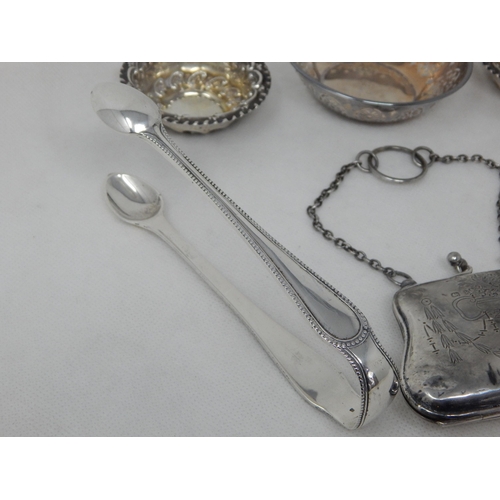 786 - A Group of Hallmarked Silver Including a Purse, Pin Dishes, Sugar Tongs & Silver Bladed fruit Knife:... 