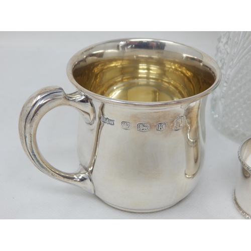 788 - A Group of Hallmarked Silver Including a Christening Cup, napkin Rings & a Silver Topped Cut Glass S... 