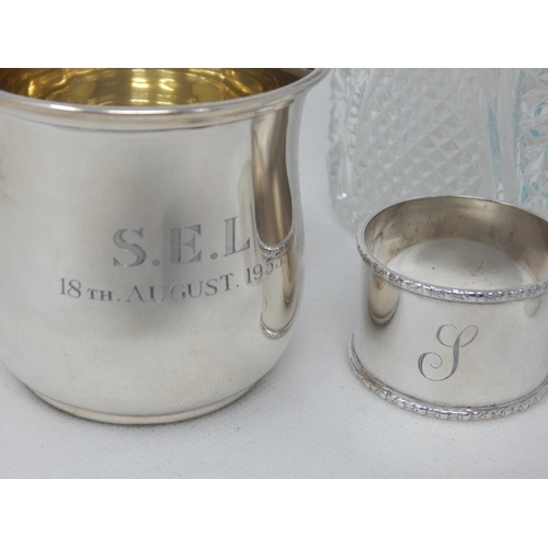 788 - A Group of Hallmarked Silver Including a Christening Cup, napkin Rings & a Silver Topped Cut Glass S... 