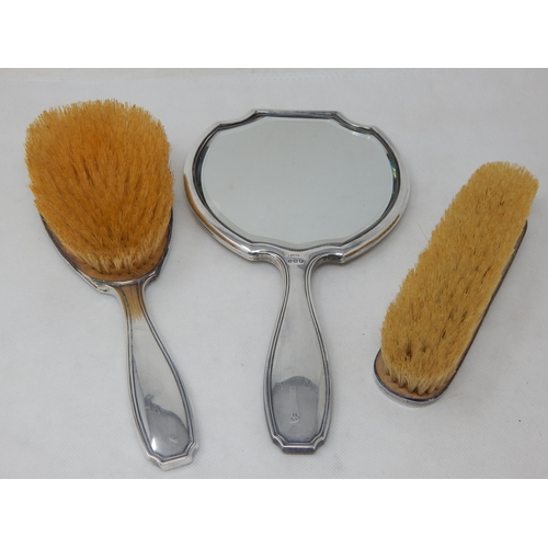 790 - Silver Three Piece Dressing Table Set Comprising a Good Mirror, Hair Brush & Clothes Brush: Hallmark... 