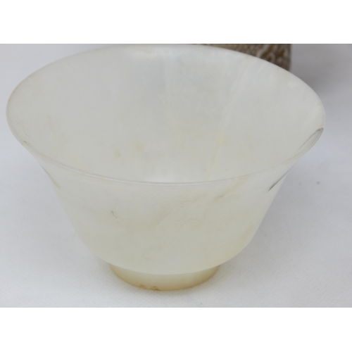 791 - Asian Fine Jade Cup on a White Metal Base with Domed White Metal Top: Height 16.5cm x 13cm diameter