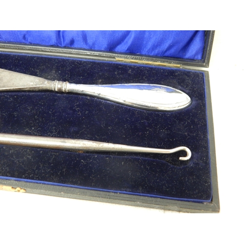 795 - A Cased Pair of Hallmarked Silver Hair Brushes together with a Cased Silver Handled Shoe Horn & Butt... 