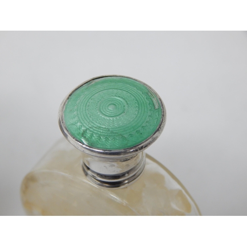 796 - Silver & Green Guilloche Enamel Topped Smelling Salts Bottle with Stopper: Hallmarked London 1924 by... 