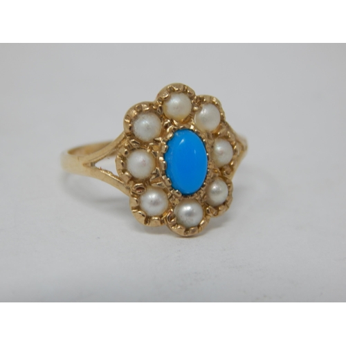 832 - 9ct Yellow Gold Ring Set with a Central Turquoise within a Seed Pearl Border: Size N: Gross weight 1... 