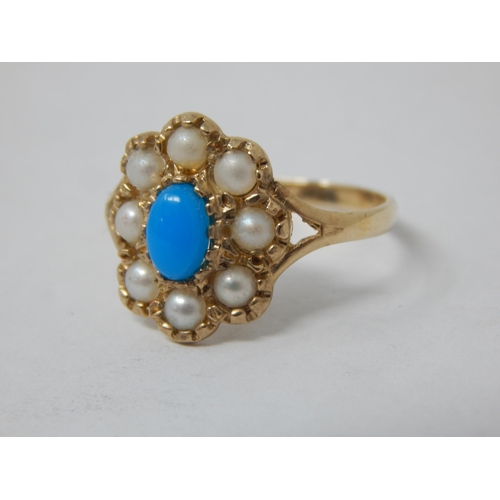 832 - 9ct Yellow Gold Ring Set with a Central Turquoise within a Seed Pearl Border: Size N: Gross weight 1... 