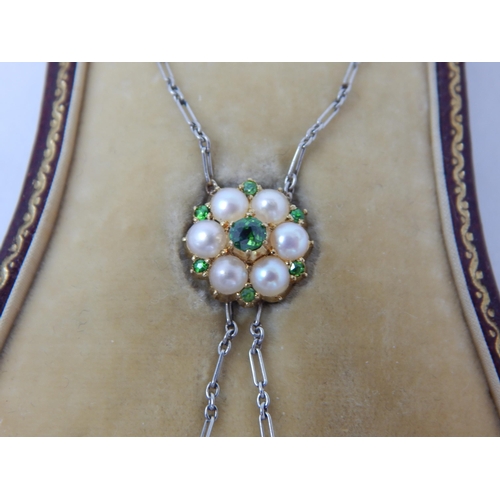 837 - Edwardian Unmarked Gold Pendant Necklace Set with Peridot & Pearls with Two En-Tremble Pearls in Ori... 