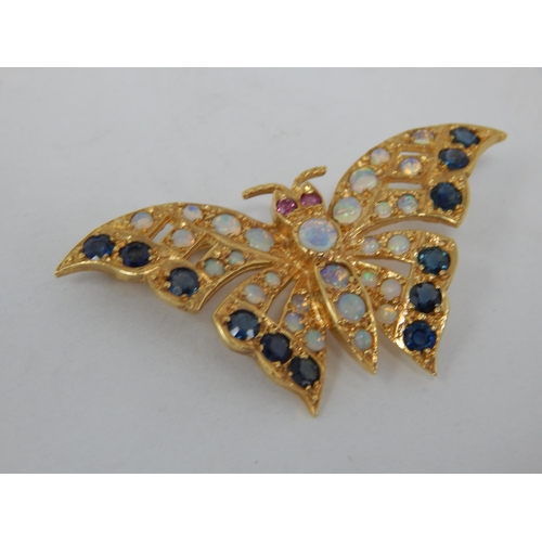 838 - 9ct Yellow Gold Butterfly Brooch Set with Sapphires & Opals: Width 4cm: Gross weight 4.97g