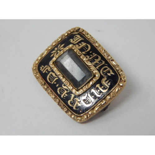 867 - Georgian Unmarked Gold & Black Enamel Mourning Brooch Dated 1828: Gross weight 4.47g