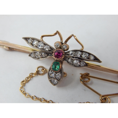 872 - Antique Unmarked Gold Bug Brooch Set with Diamonds, Emerald & Ruby with Safety Chain: Width 5cm: Gro... 