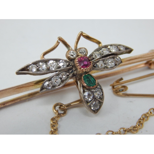 872 - Antique Unmarked Gold Bug Brooch Set with Diamonds, Emerald & Ruby with Safety Chain: Width 5cm: Gro... 