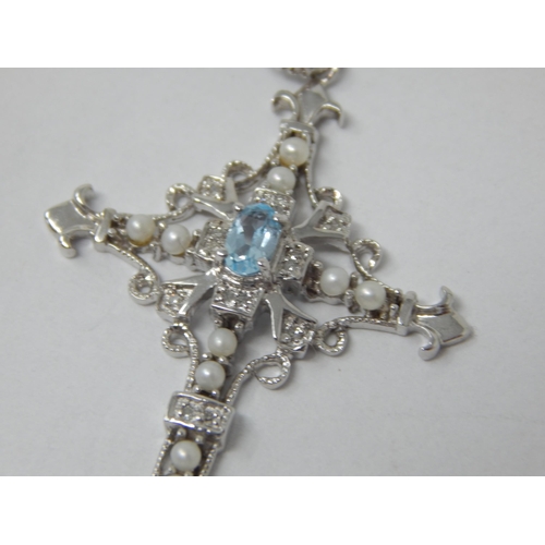 873 - 9ct White Gold Gem Set Cross on 9ct White Gold Chain (45cm) Gross weight 3.78g