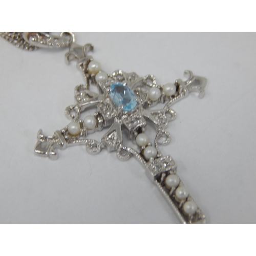 873 - 9ct White Gold Gem Set Cross on 9ct White Gold Chain (45cm) Gross weight 3.78g