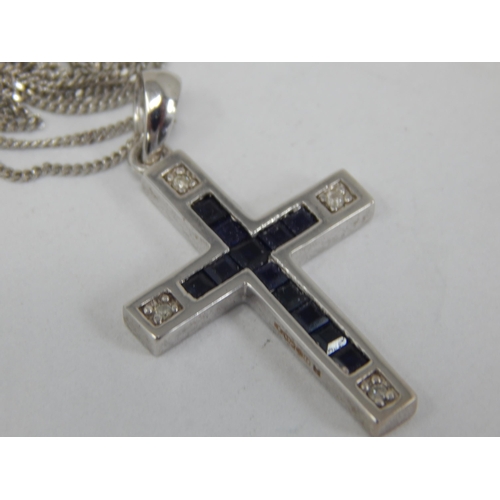 876 - 9ct White Gold Gem Set Cross on 9ct White Gold Chain (45cm) Gross weight 4.97g