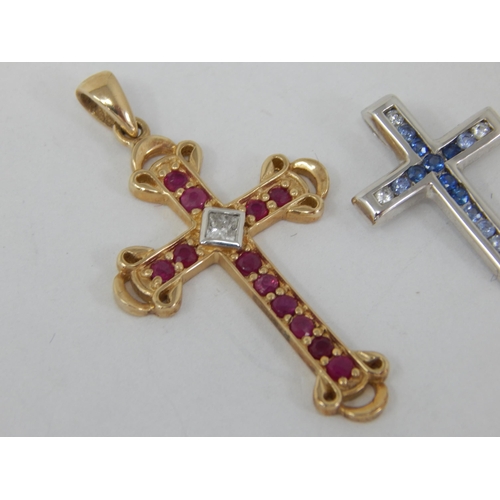 877 - 2 x 9ct Yellow & White Gold Gem Set Cross Pendants: Gross weight 4.14g