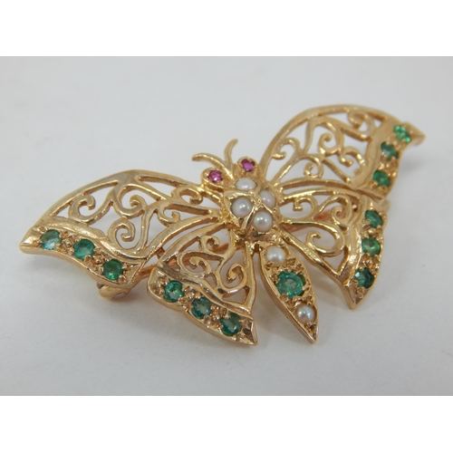 883 - 9ct Yellow Gold Gem Set Butterfly Brooch: Width 4cm: Gross weight 4.58g