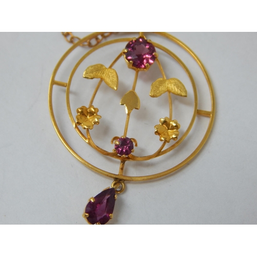 889 - Edwardian 9ct Yellow Gold Amethyst Set Pendant with En-Tremble Drop on 9ct Gold Chain (42cm) weight ... 