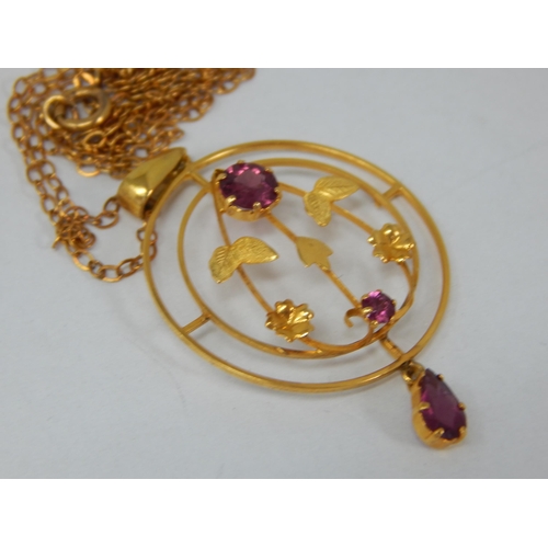 889 - Edwardian 9ct Yellow Gold Amethyst Set Pendant with En-Tremble Drop on 9ct Gold Chain (42cm) weight ... 