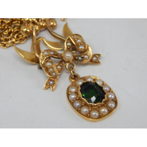 45 - Edwardian 9ct Yellow Gold Pendant Necklace Set with Peridot & Seed Pearls: Gross weight 9.12g