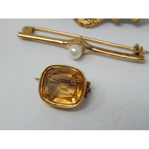 909 - Antique Gold Citrine Brooch together with two 9ct Gold Bar Brooches: Gross weight 6.63g