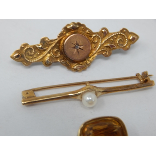 909 - Antique Gold Citrine Brooch together with two 9ct Gold Bar Brooches: Gross weight 6.63g