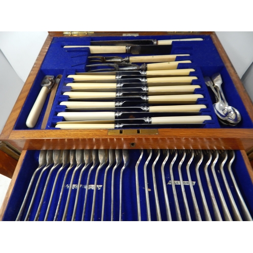 801 - Oak Cased Wellington Chest Canteen of Silver Plated Flatware for 12 Place Settings by Walker & Hall