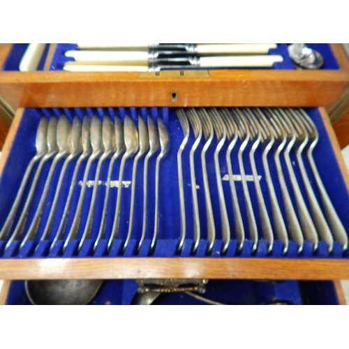 801 - Oak Cased Wellington Chest Canteen of Silver Plated Flatware for 12 Place Settings by Walker & Hall