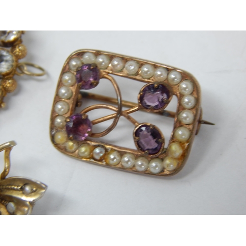 943 - Three 19th Century Yellow Metal Gem Set Brooches: Largest Measures 3.0cm x 2.8cm