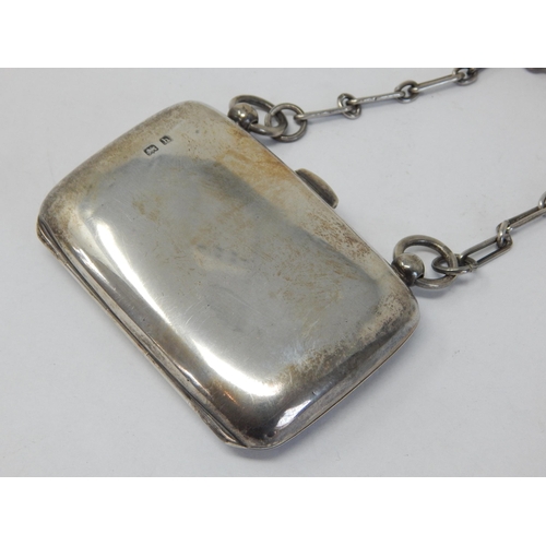 816 - Edwardian Silver Purse & Chain with Blue Silk Interior: Hallmarked Birmingham 1907 by Martin & Hall