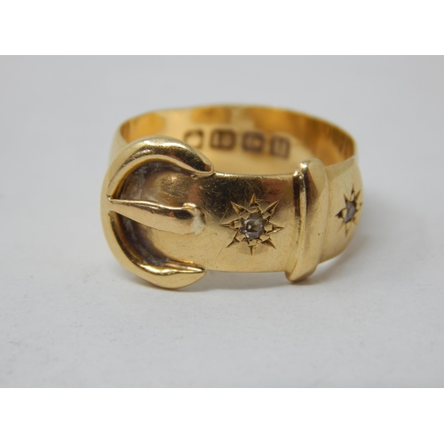 982 - 18ct Yellow Gold Buckle Ring Set with Two Diamonds: Hallmarked Birmingham 1919 by Henry Williamson: ... 