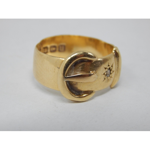 982 - 18ct Yellow Gold Buckle Ring Set with Two Diamonds: Hallmarked Birmingham 1919 by Henry Williamson: ... 