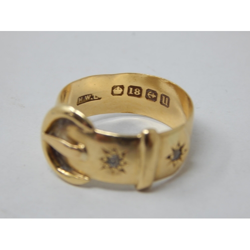 982 - 18ct Yellow Gold Buckle Ring Set with Two Diamonds: Hallmarked Birmingham 1919 by Henry Williamson: ... 