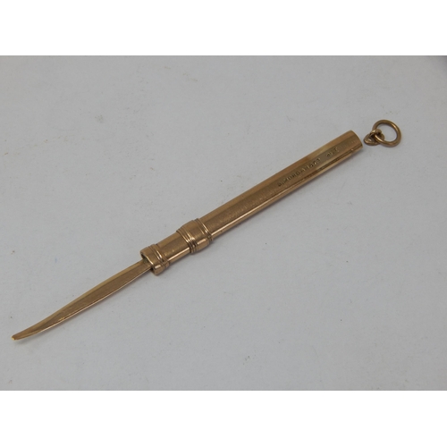 984 - 9ct Yellow Gold Propelling Toothpick by Sampson Mordan: Length 8.2cm: Weight 3.2g: Suspension loop e... 