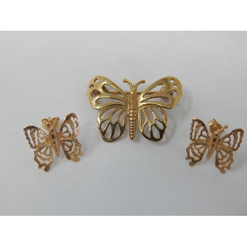 955 - 9ct Yellow Gold Butterfly Brooch & Matching Earrings: Weight 2.7g