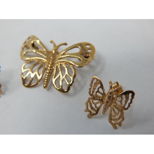 955 - 9ct Yellow Gold Butterfly Brooch & Matching Earrings: Weight 2.7g