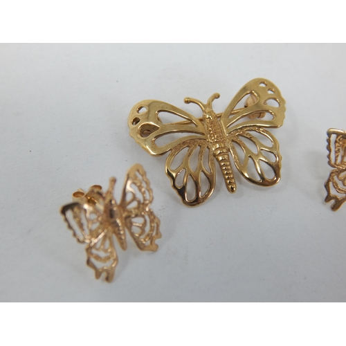 955 - 9ct Yellow Gold Butterfly Brooch & Matching Earrings: Weight 2.7g