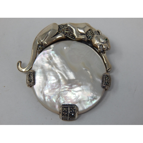 958 - Large 925 Silver, Mother of Pearl & Marcasite Brooch Surmounted with a Panther: Gross weight 31.8g