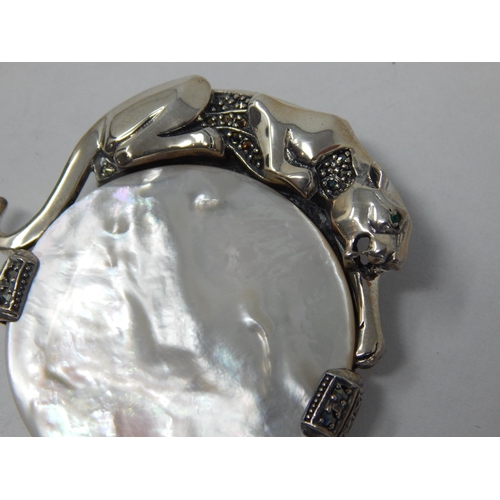 958 - Large 925 Silver, Mother of Pearl & Marcasite Brooch Surmounted with a Panther: Gross weight 31.8g