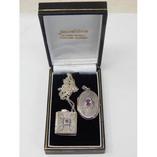 959 - Two Silver & Amethyst Set Lockets with Silver Chain: Gross weight 24.5g