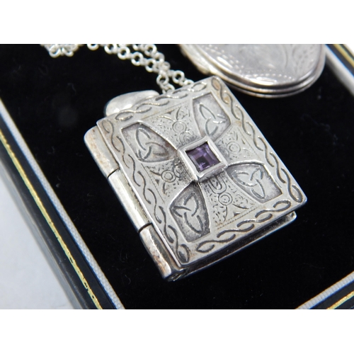 959 - Two Silver & Amethyst Set Lockets with Silver Chain: Gross weight 24.5g